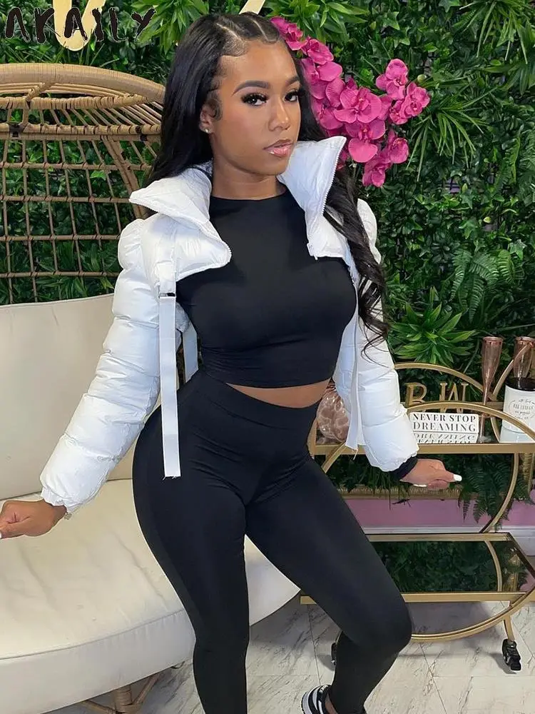 

Akaily Fall White Puffer Cropped Jackets For Women Fashion 2022 Backless Long Sleeve Bubble Coats Ladies Winter Zip Up Jacket