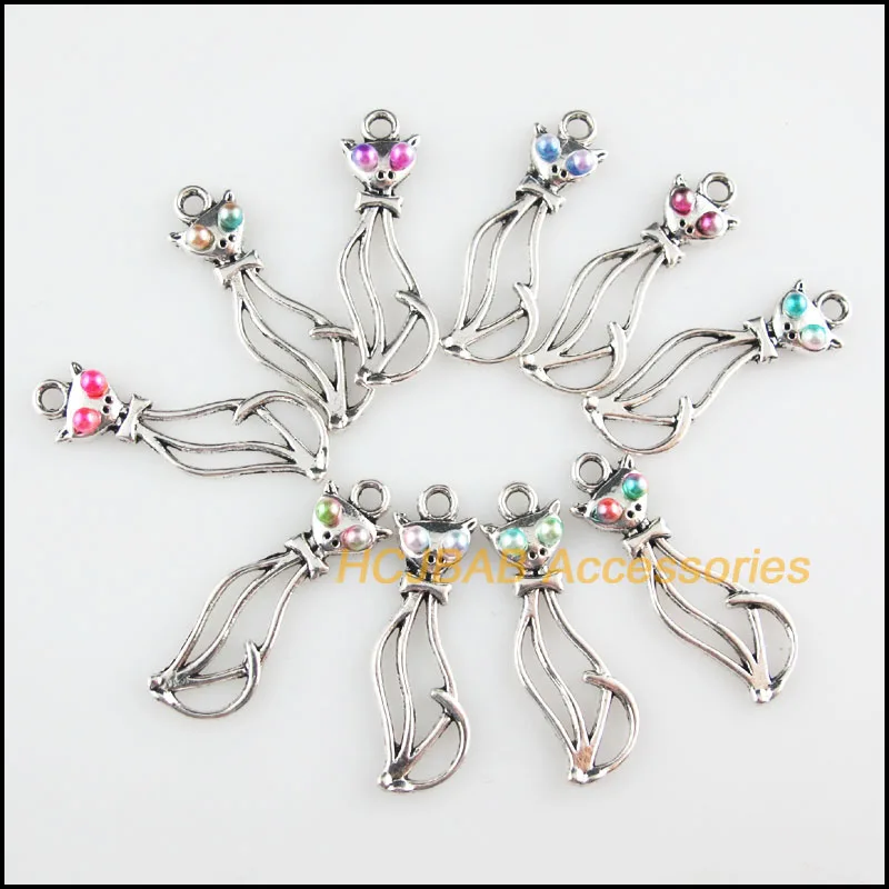 Модные новые 20 шт. тибетские посеребренные животные Смешанные акриловые подвески с кошками 11x34 мм
