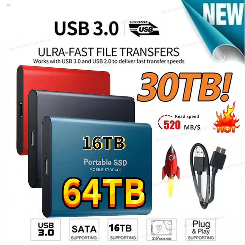 

2023 High-speed SSD External Solid State Hard Drive 64TB 30TB 16TB 8TB USB3.1 SSD Portable 16TB Hard Disk for Laptop Notebook