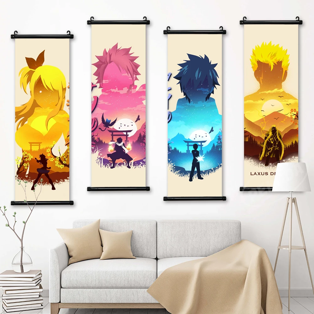 

Wall Artwork Canvas Fairy Tail Pictures Poster Gray Fullbuster Scroll Hanging Painting Erza Scarlet Print Home Decor Living Room