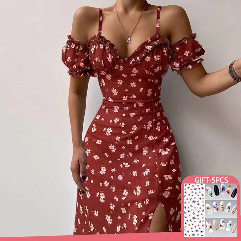 

Women A-Line Dress Floral Off Shoulder Frilly Suspender Dress Summer Ladies Party Short Sleeve V-neck Split Mid-length Dress