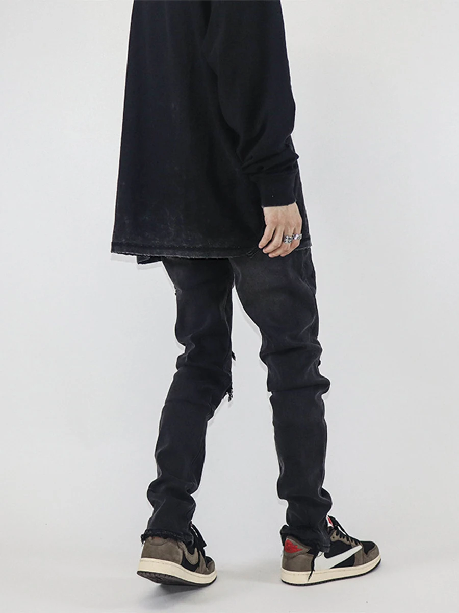 Four Seasons European and American High Street American Slim Small Foot Elastic Black Nine Points Ripped Jeans for Men and Women