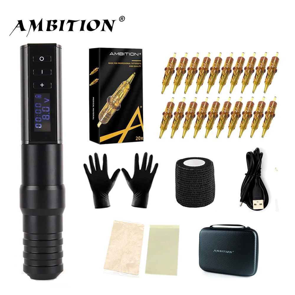Ambition Professional Kit Wireless Tattoo Machine Pen with Portable Power Coreless Motor Digital LED Display For Body Art