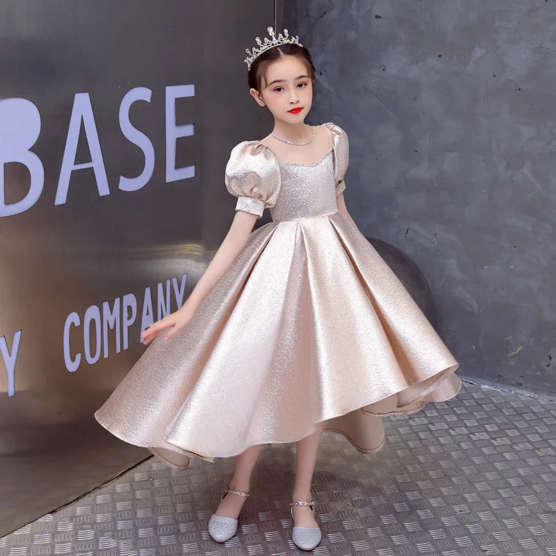 Girl princess show evening dress heavy industry bubble sleeve girl princess dress high-end fashionable performance clothing