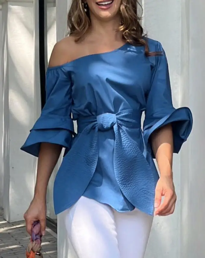 

Top Women 2023 Spring Fashion Casual Cold Shoulder Layered Sleeve Plain Daily Three Quarters T-Shirt Top Y2K Clothes