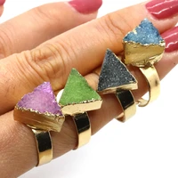 gold color adjustable triangle ring natural agate crystal amethyst citrine fashion ring jewelry factory outlet
