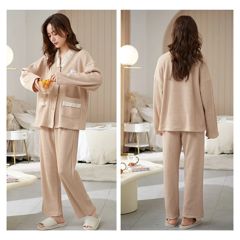 Spring Autumn And Winter 100% Cotton Comfortable Women's Pajamas Long-sleeved Trousers New Suit Can Be Worn Externally