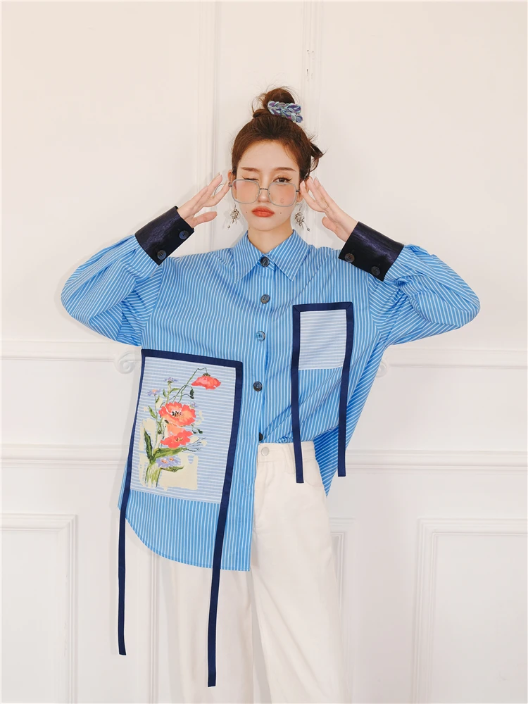 

Chiffon Women's Blouse Korean Style Shirt Summer Printing Elegant Streetwear Stripe Loose Female Top Turn-down Collar