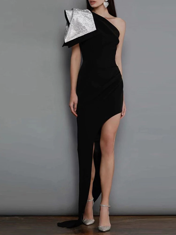 

DesireFair Black Sexy Big Bow Slash Sleeveless Bandage Dress Temperament Celebrity Package Hip Open Dress Women