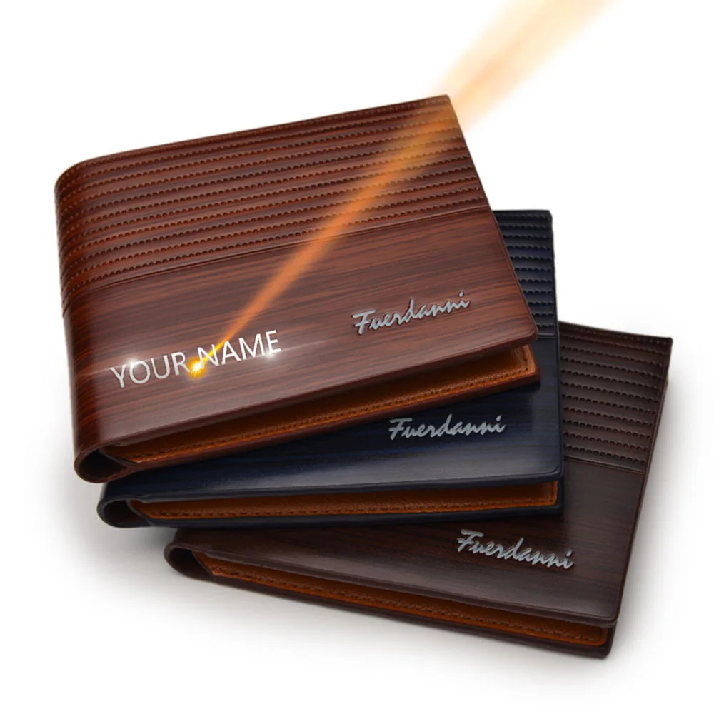 

New Short Men Wallets ID Credit Card Holder Photo Holder Name Print Slim Male Wallet High Quality PU Leather Luxury Men Purse