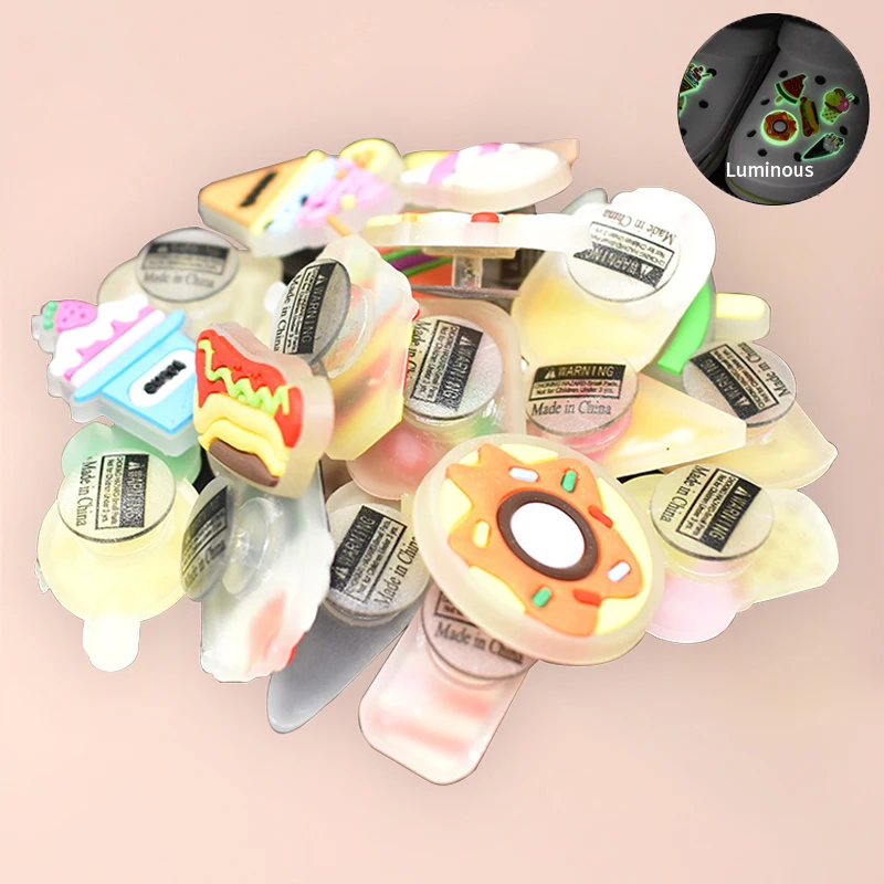 

Single Hot Selling Food Series Luminous Jibz Croc Shoe Charms PVC Cake Cone ice cream fruit For Kids Night Croc Gifts Wristband