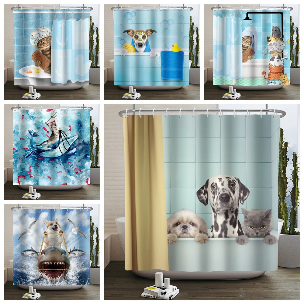 Funny Cat Dog Shower Curtains Cute Animal Ocean Whale Waterproof Child Bathroom Curtain Creative Personality Decor Bath Curtain