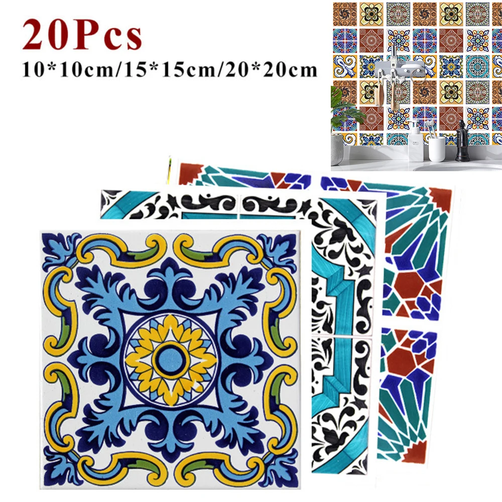 

20pcs Moroccan Style Tiles Wall Sticker Kitchen Backsplash Wardrobe Bathroom Renovation Peel & Stick Waterproof Art Wall Decals