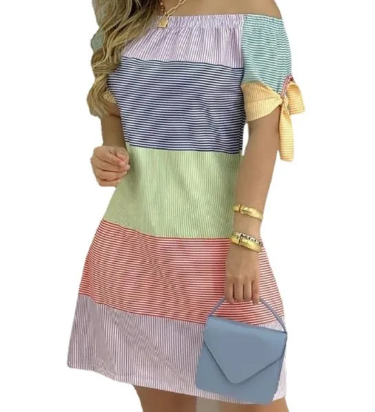 

Pretty Women Off Shoulder Mini Dress Sexy Short Sleeve Bow Tie Striped Colorful Floral Print Dresses Fashion Casual Loose Dress