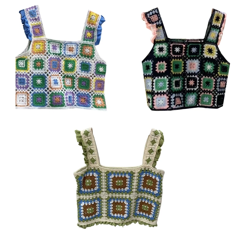 

J78E Vintage Boho Camisole Beachwear Women Summer Sleeveless Tops Colorful Crochet Vest Tops Square Collar for Young Girls