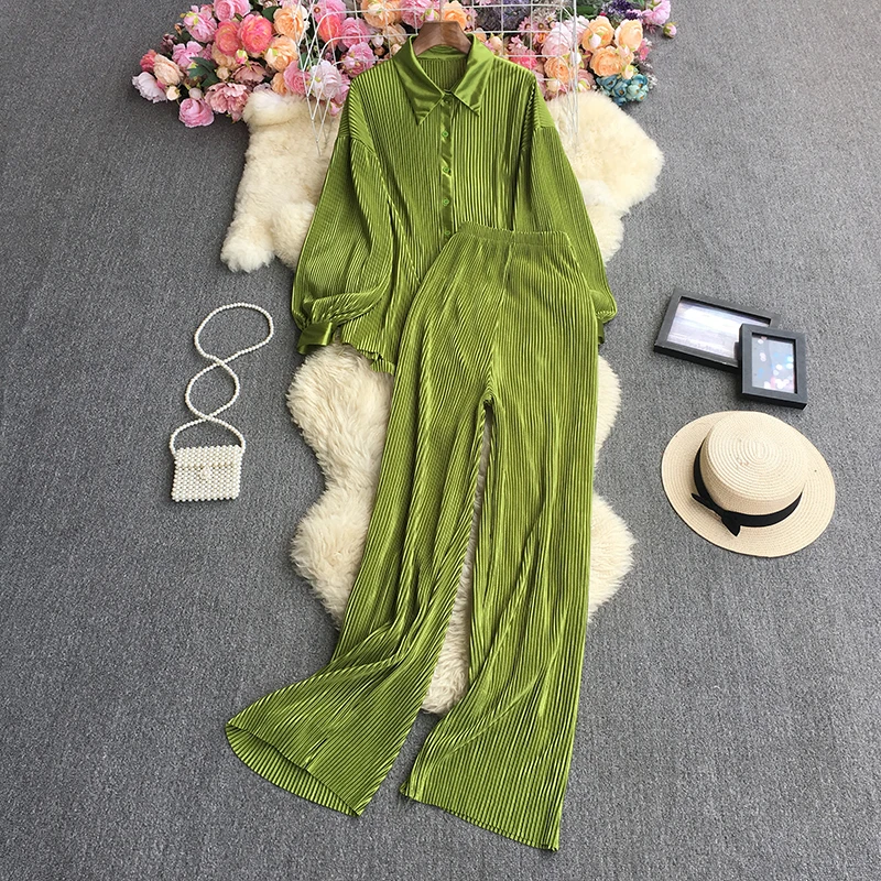 

Autumn Two Piece Sets Womens Outifits Green/Bown/Pink Silks Hang Down Full Sleeve Blouse + Pleated Wide Leg Pants Office Lady