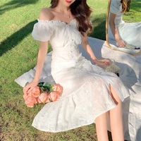 niggeey chic elegant lace white dresses for women vintage off shoulder puff sleeve midi dress summer one pieces korean dress
