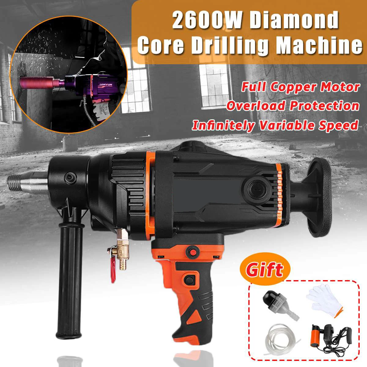 

2600W 280mm Electric Diamond Core Drilling Machine High power Handheld Concrete Core Drill Machine with Water Pump Accessories