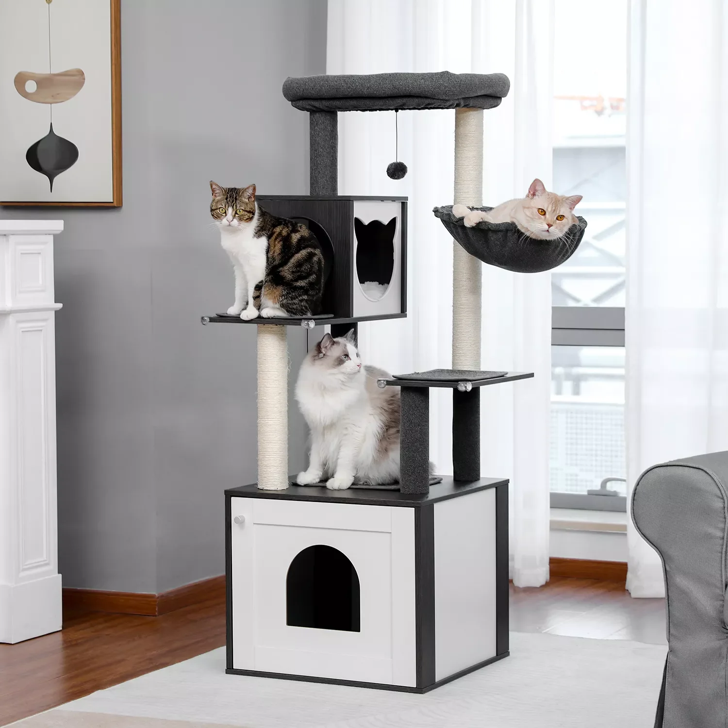 

Modern Cat Tree Wood Cat Tower with Storage Cabinet Litter Box Enclosure and Spacious Cat Condo, Large Top Perch and Hammock