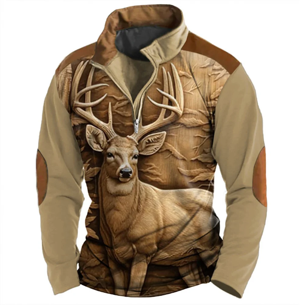 

Retro Men's 3d Hoodies Elk Deer Festival Zipper Hoodie For Men Fashion Oversized Autumn Men's Pullover Hoodies Men Clothing Tops