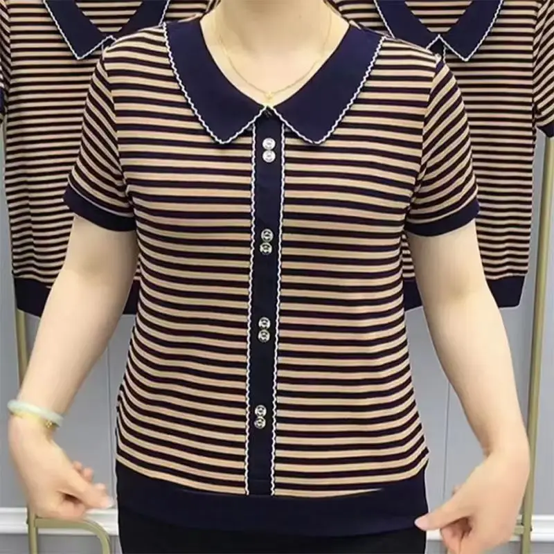 

Fashion Peter Pan Collar Spliced Button Striped Blouse Women's Clothing 2023 Summer New Oversized Casual Tops Commuter Shirt