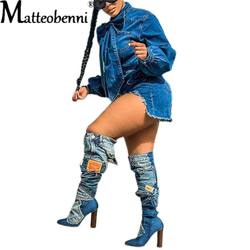 Женский джинсовый комбинезон повседневный рваный с рукавами-фонариками и бантом