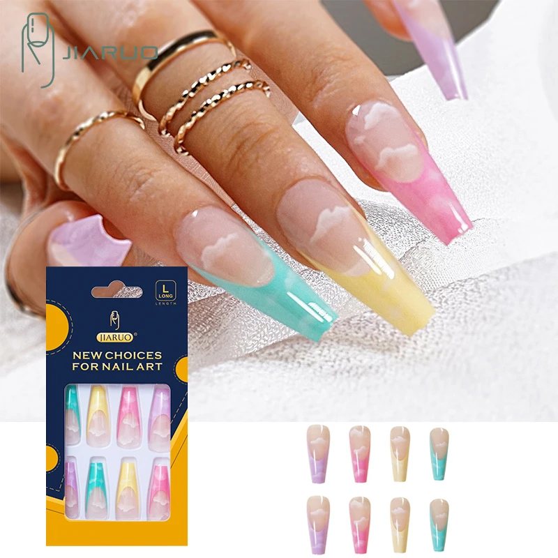 

JIARUO 24PCS/BOX Long Press on Nails Coffin Fake Nail Supplies for Profess Tips Art Y2k French Colorful Nail Extension Tip Nails