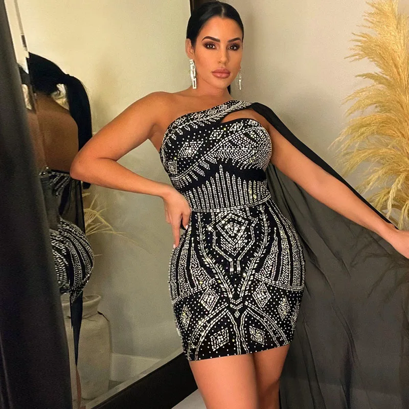 

Znaiml 2023 Sparkly Rhinestones Elegant One Shoulder Bodycon Mini Dress for Women Evening Party Club Birthday Dresses Vestidos