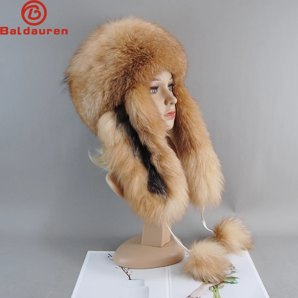 New Style 2023 Women Winter Ushanka Hats Bomber Russian Woman Fluffy Trapper Natural Fox Fur Warm Round Ladies Fur Hat Scarf Set