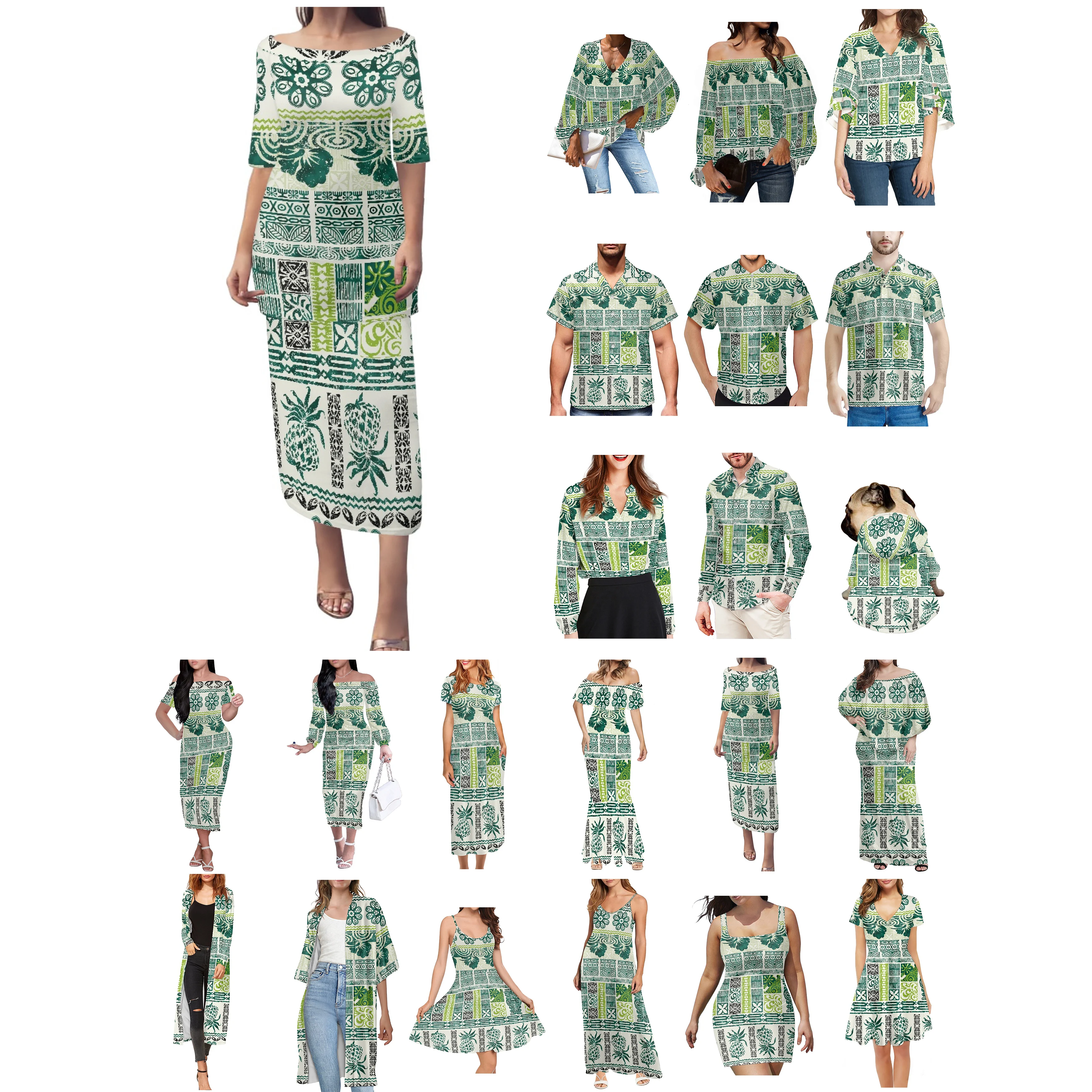 

Couple Clothes Polynesian Tonga Hawaiian Fiji Guam Samoan Pohnpei Tribal Tattoo Suits Women Dress Matching Men Shirt Casual Wear