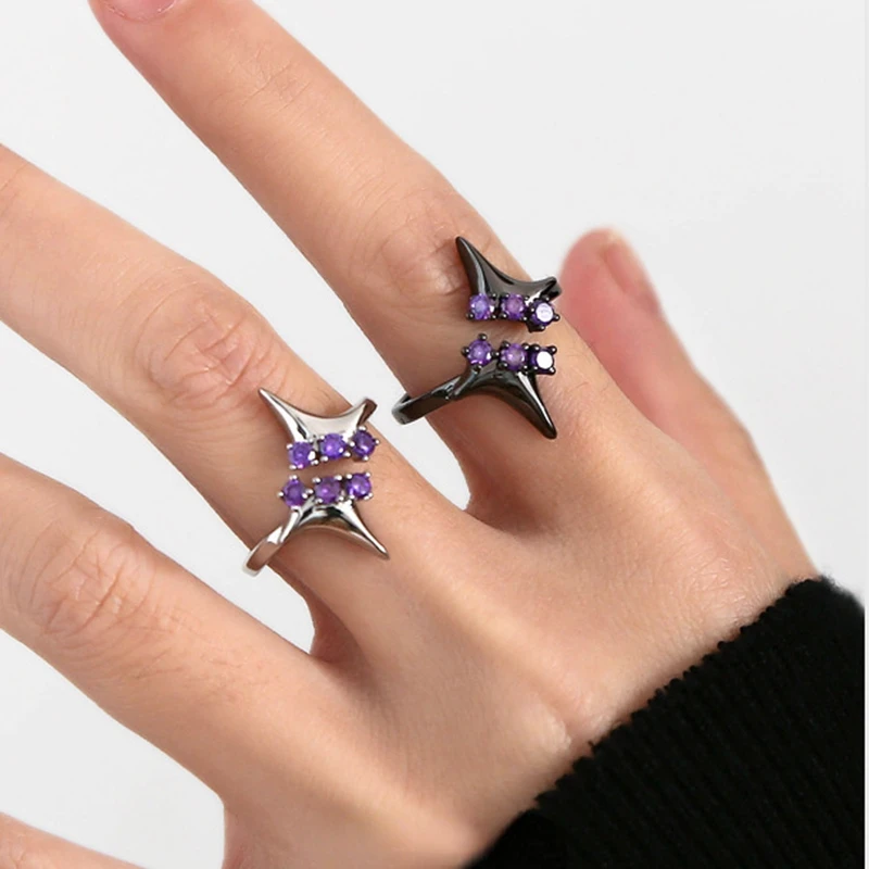 

New Trend Purple Rhinestone Opening Four-pointed Star Rings for Women Hipster Alloy Sweet Cool Hip-hop Ring Fashion Jewelry Gift