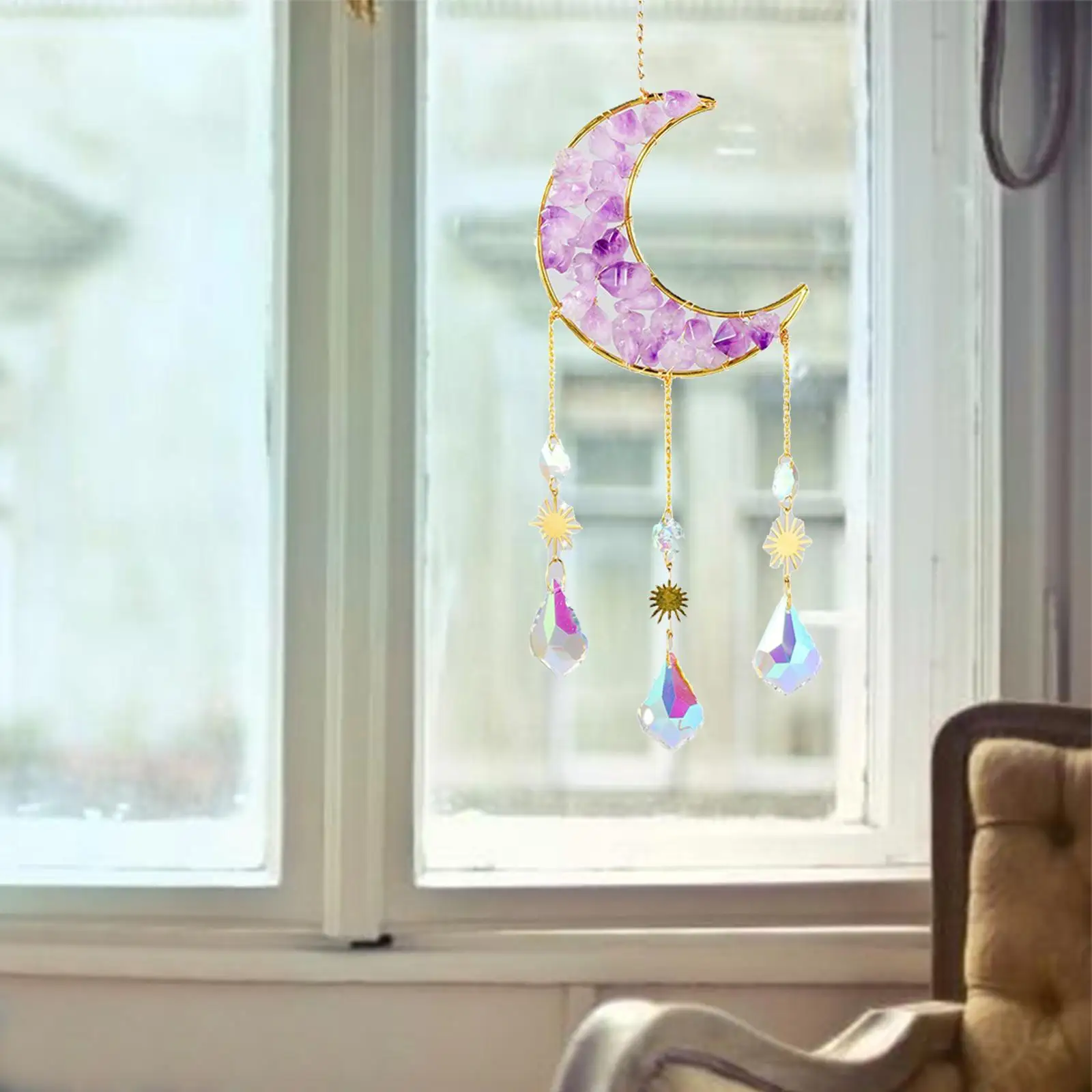 

Хрустальный ветряной колокольчик, Радужный кулон в виде Луны, подвесное украшение фэн-шуй для сада, окна, Рождественский уличный Декор