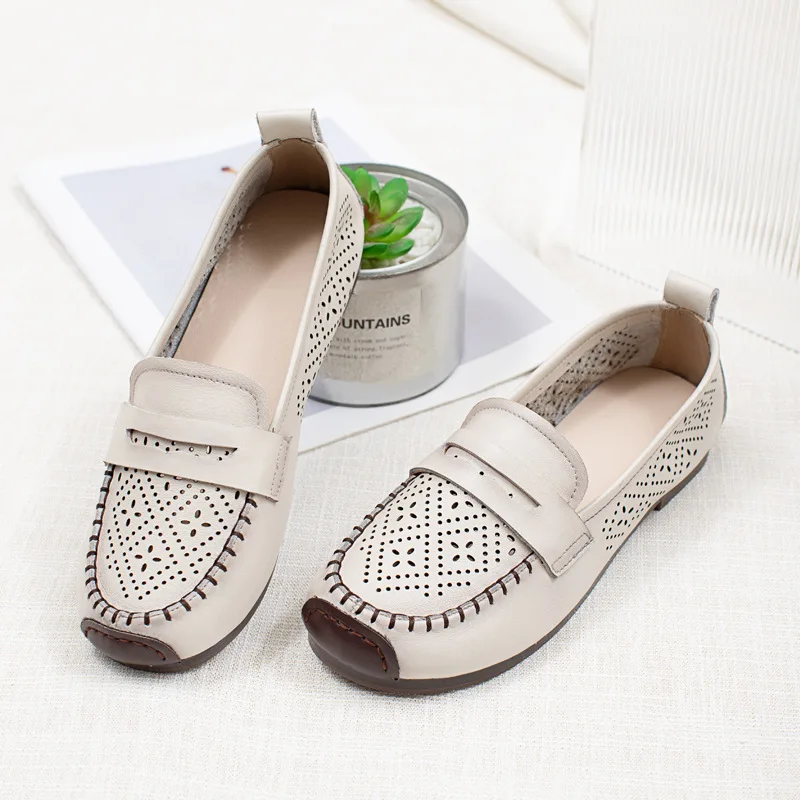 Autuspin Retro Women's Shoes Genuine Leather Flats Summer Breathable Soft Soled Loafers Novelty Leisure Hollow Out Moccasins