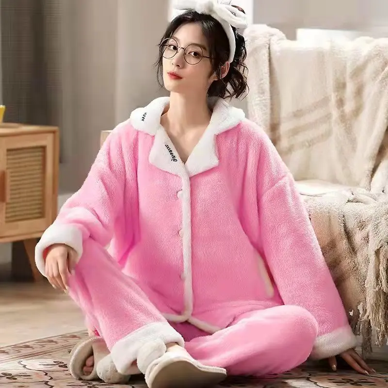 Autumn Winter New Warm Flannel Women's Pajamas Set Long-sleeved Trousers Two-piece Set Cute Soft Home Wear Clothes Set for Girl