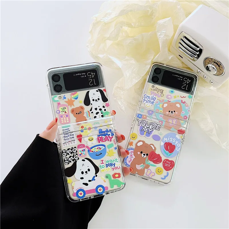 

Cute Cartoon Holder Phone Cases For Samsung Galaxy Z Flip 3 Hard Plastic PC 3 in 1 Full Cover Case For Samsung Z Flip3 5G