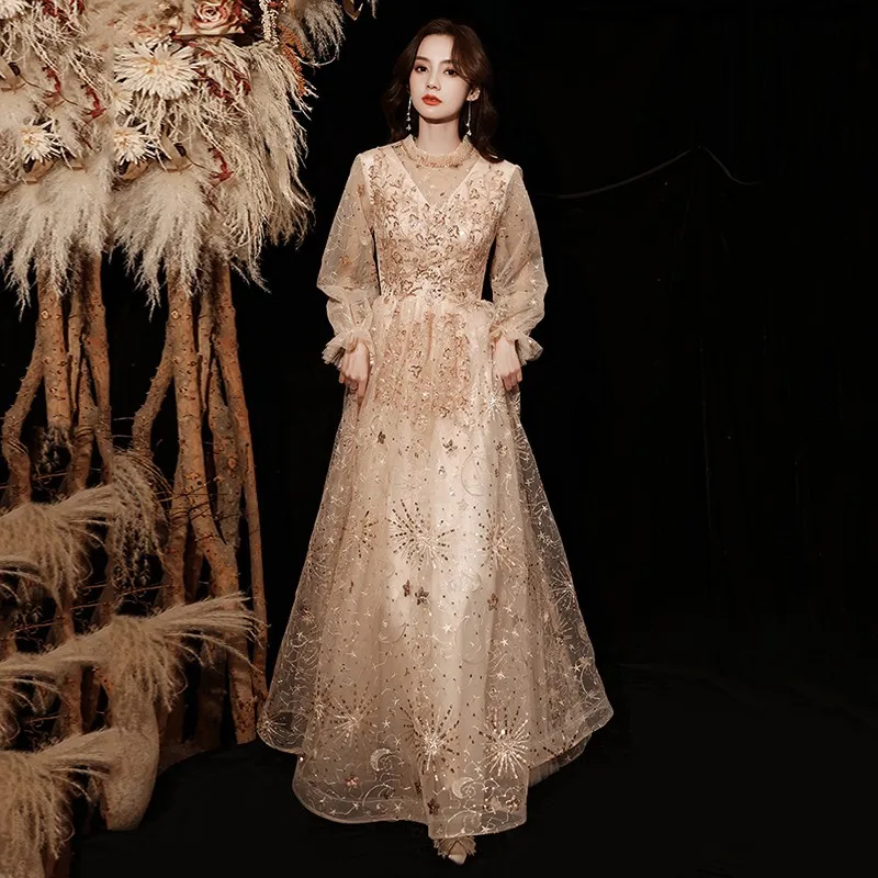 

2022 New Champagne Bridesmaid Wedding Party Women Sexy Qipao Mesh Appliques Cheongsam Dresses Maxi De Soiree Bling Seuqins Robe