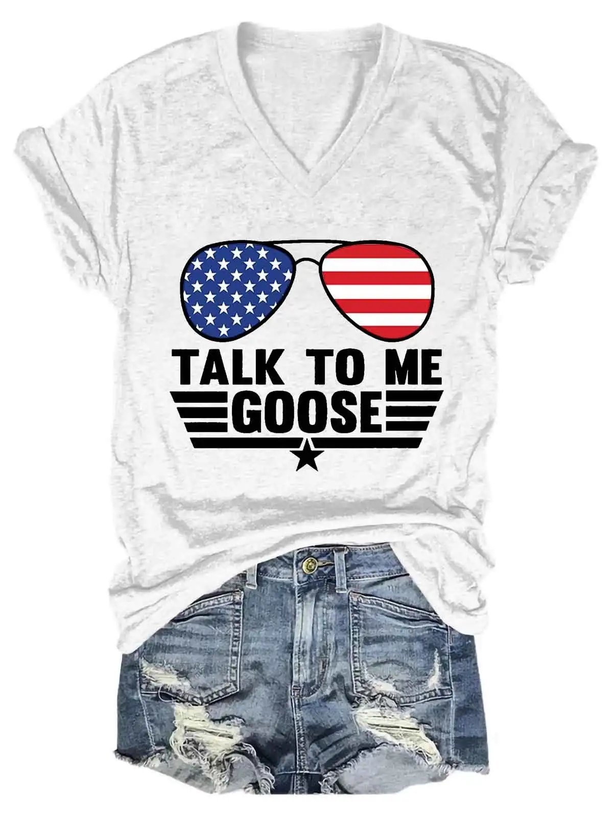 Women's Talk To Me Goose USA Flag Glasses V-Neck T-Shirt