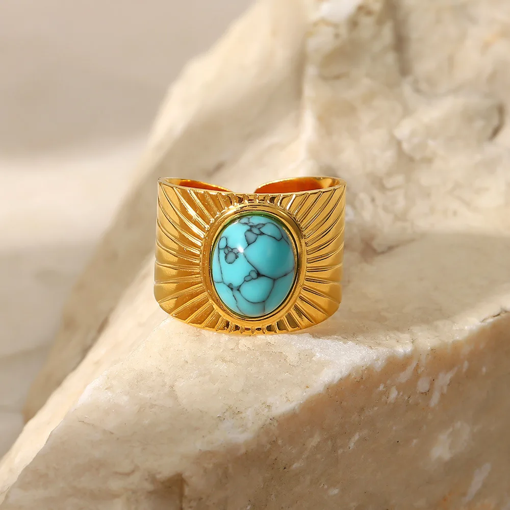 

Turquoise Wide Opening Rings For Women Vintage Adjustable Stainless Steel Gold Plated Finger Rings Fashion Jewelry Gifts Party
