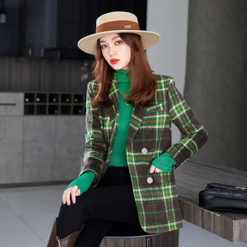 Plaid Woolen Suit Women Coat Autumn Winter 2023 New Korean Medium Long Sleeve Blazers Woman Jacket Casual Ladies Blazer Tops E20