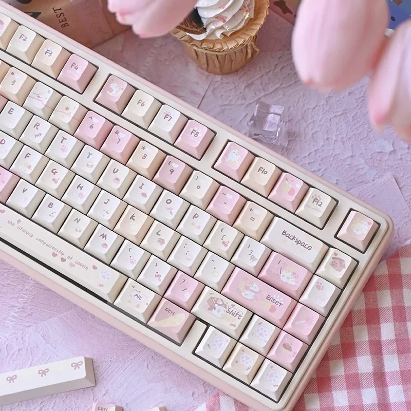 Фото Karami Keycap пятисторонняя термосублимация PBT Материал 131/138 клавиш Вишневый профиль розовые милые колпачки для механической клавиатуры №4