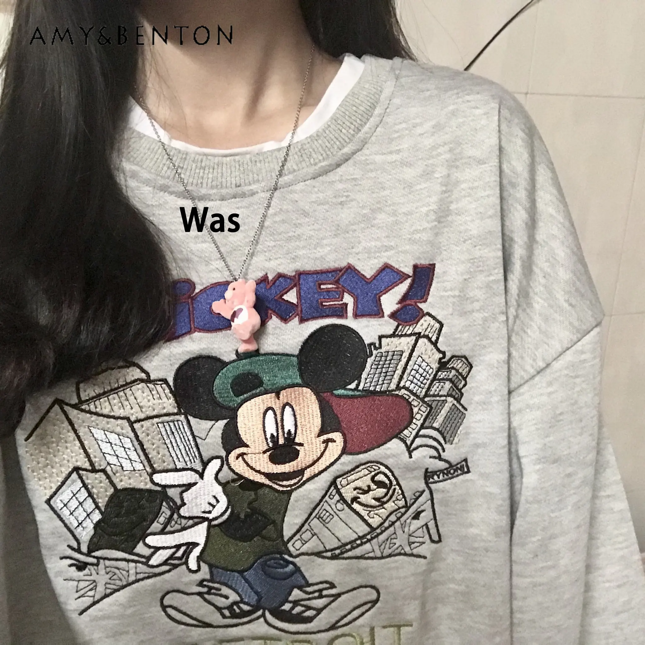 Autumn and Winter Long-Sleeved Cartoon Embroidered Fashionable Retro Sweatshirt Thin Couple Sweatshirt Pullover Tops for Ladies