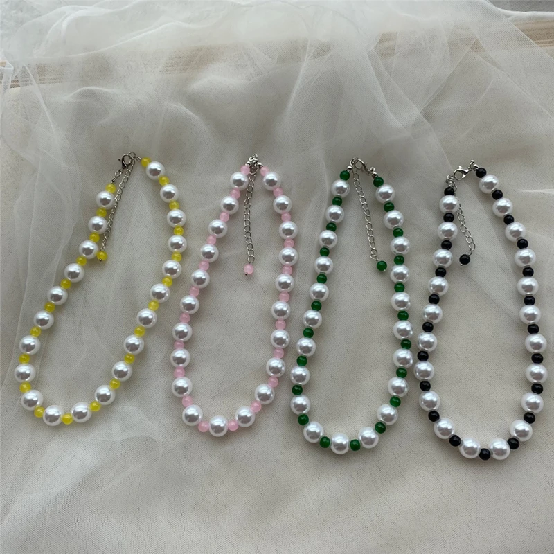 

Kpop Goth Aesthetic Cute Colorful Beaded Pearl Clavicle Chain Choker Necklace For Women Girls Harajuku Y2K Jewelry Accessories