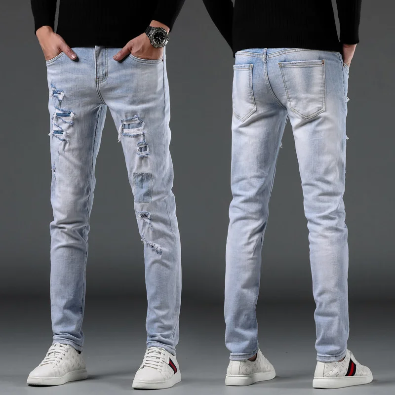 

New Light white slim fit small straight tube hole patch beggar outfit multi destruction Street trendy men light jeans vintage