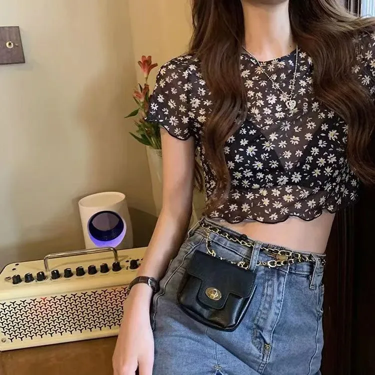 Новинка 2023 женская укороченная облегающая футболка сексуальный кружевной