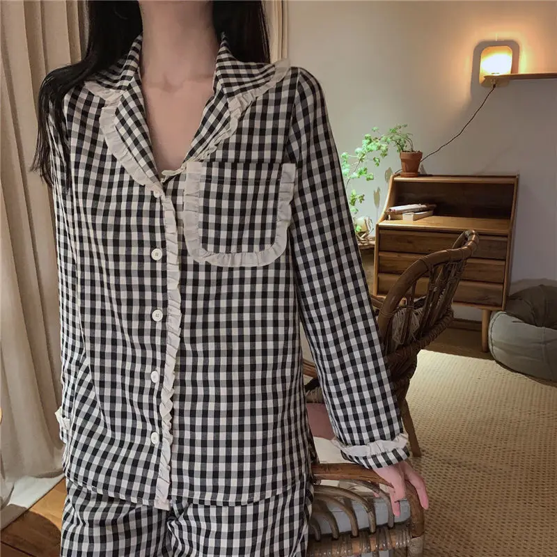 Korean Pajama for Women Summer Milk Silk Sleepwear Sets Teen Girls Sweet Plaid Lapel Pyjama Kawaii Ruffle Pijama Home Suit