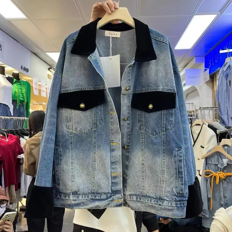 Джинсовая куртка женская с отложным воротником винтажная свободная уличная