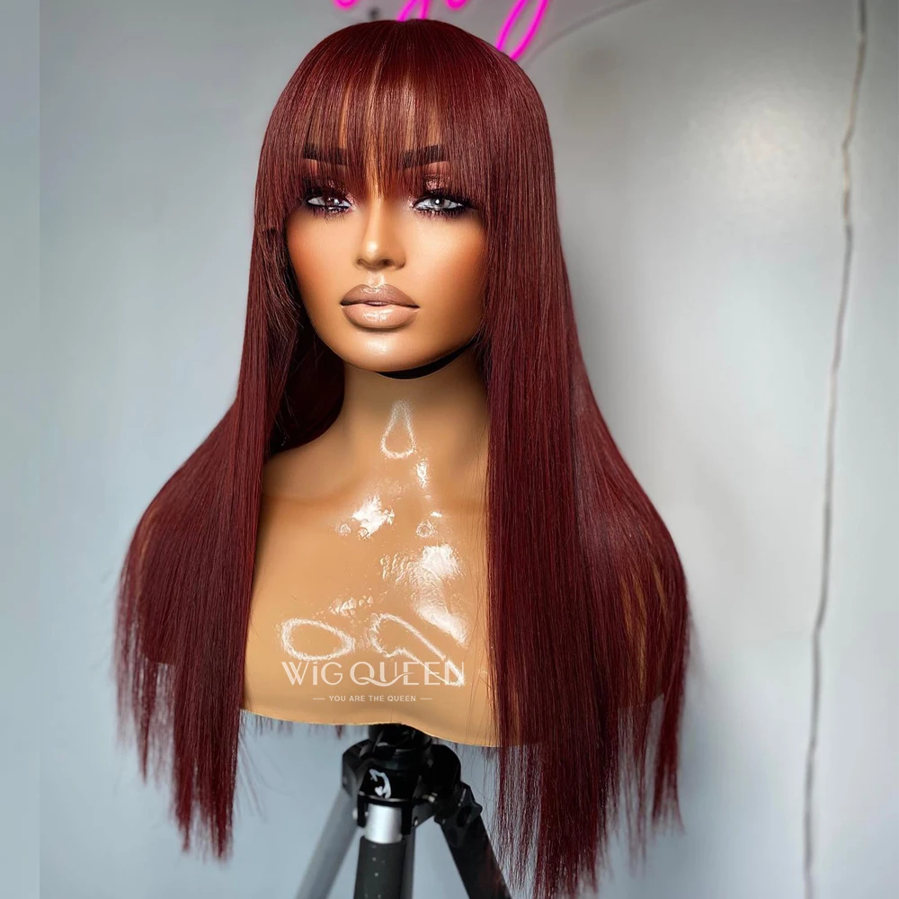99J parrucca di capelli umani rossi bordeaux con frangia per le donne parrucca diritta Remy Bang capelli umani parrucche colorate fatte a macchina piena