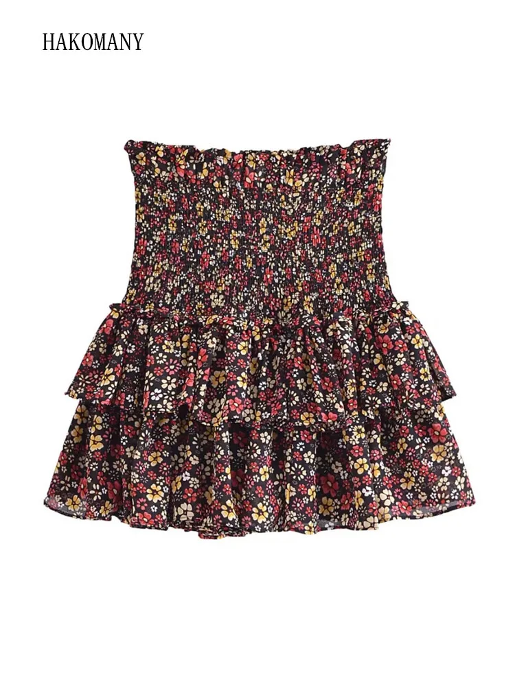 

2023 Women Mermaid Skirts jupe Summer Black Flower Print Elastic Waist Ruched Package Hips Wood ears Ruffles Hem Mini Skirt