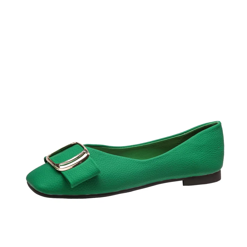 

Qianshuyi 2024 Women's Retro Soft Sole Green Ballet Flats Casual Commute Work Slip-on with Metal Buckle Loafers Free Shipping