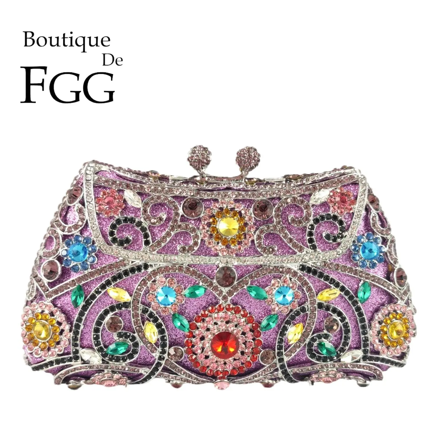 Boutique De FGG  Colorful Purple Women Flower Clutch Evening Handbags Party Dinner Crystal Clutch Bags Bridal Wedding Purse Bag